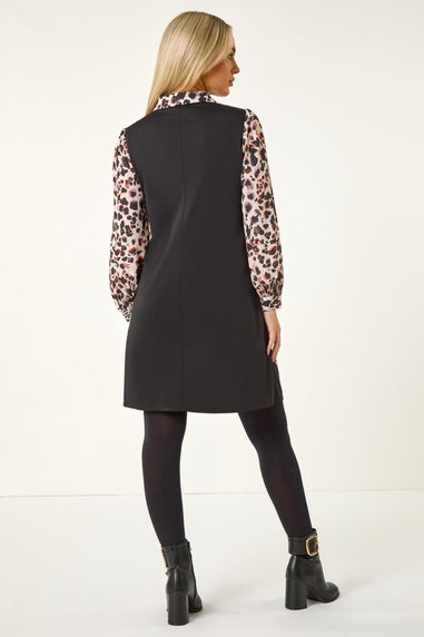 Roman Black Petite 2 in 1 Leopard Print Shift Dress