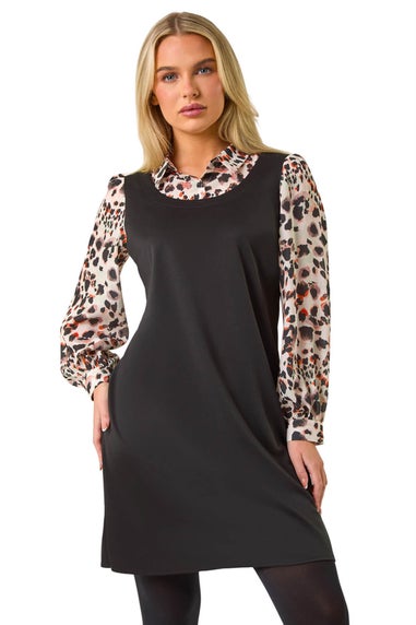 Roman Black Petite 2 in 1 Leopard Print Shift Dress