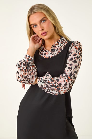 Roman Black Petite 2 in 1 Leopard Print Shift Dress