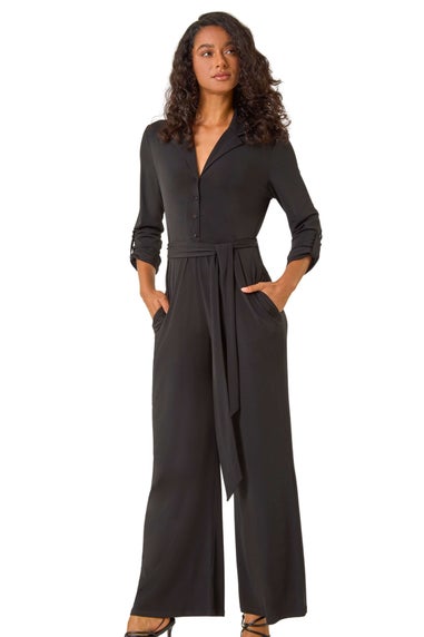 Roman Black Button Through Belted Stretch Jumpsuit