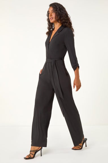 Roman Black Button Through Belted Stretch Jumpsuit