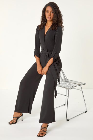 Roman Black Button Through Belted Stretch Jumpsuit