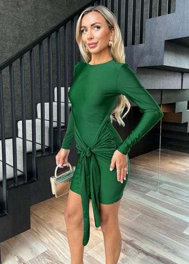 AX Paris Green Slinky Long Sleeve Sash Bodycon Mini Dress