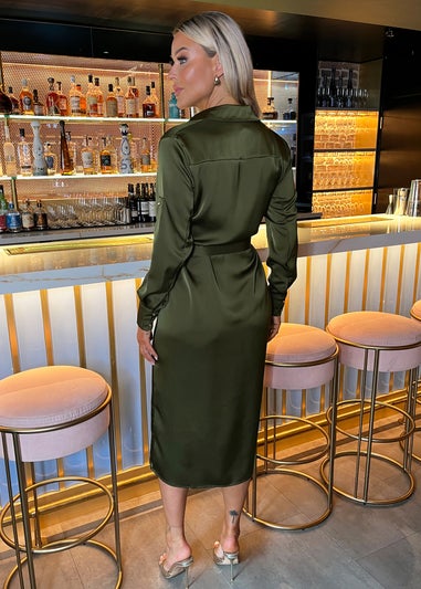 AX Paris Olive Satin Belted 3/4 Sleeve Gold Buttons Shirt Midi Dress