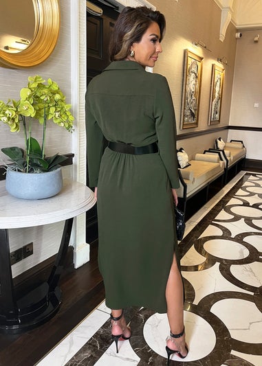 AX Paris Olive Button Front Belted Shirt Midi Dress