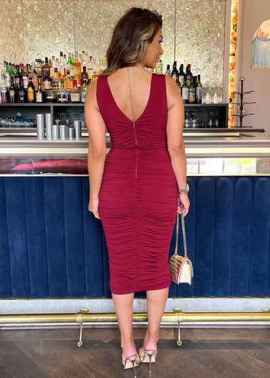 AX Paris Wine V Neck Ruched Bodycon Midi Dress