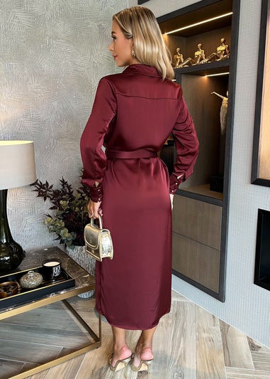 AX Paris Wine Satin Belted 3/4 Sleeve Gold Buttons Shirt Midi Dress