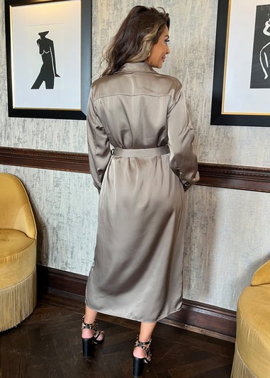 AX Paris Taupe Satin Belted 3/4 Sleeve Gold Buttons Shirt Midi Dress