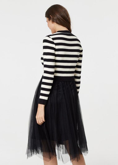 Izabel London Black Dress Striped Top & Midi Mesh Skirt