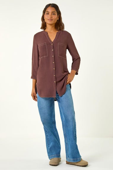 Roman Chocolate V-Neck Longline Button Detail Blouse