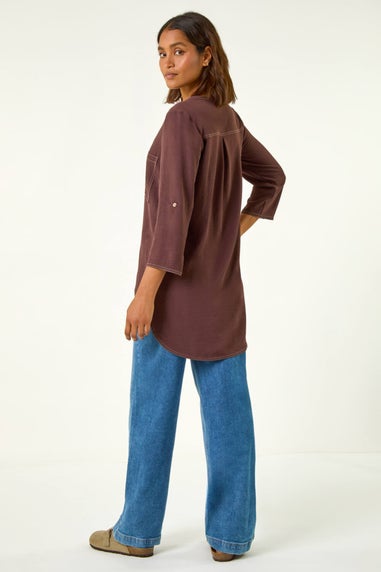 Roman Chocolate V-Neck Longline Button Detail Blouse