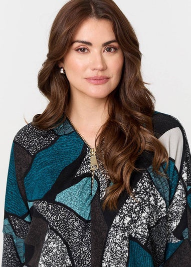 Izabel London Teal Abstract Print Zip-Front Long Sleeve Top