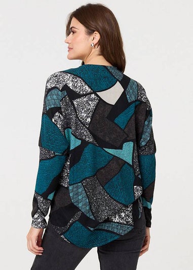 Izabel London Teal Abstract Print Zip-Front Long Sleeve Top