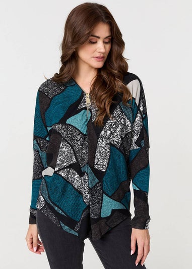 Izabel London Teal Abstract Print Zip-Front Long Sleeve Top