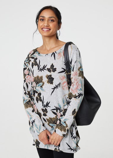 Izabel London Grey Floral Wide Neck Relaxed Long Sleeve Top