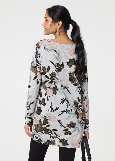 Izabel London Grey Floral Wide Neck Relaxed Long Sleeve Top