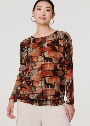 Izabel London Rust Abstract Long Sleeve Scoop Neck Top