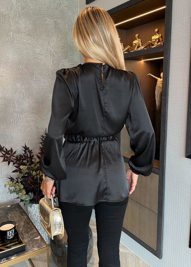 AX Paris Black Satin Long Sleeve Gold Detail Belt Top