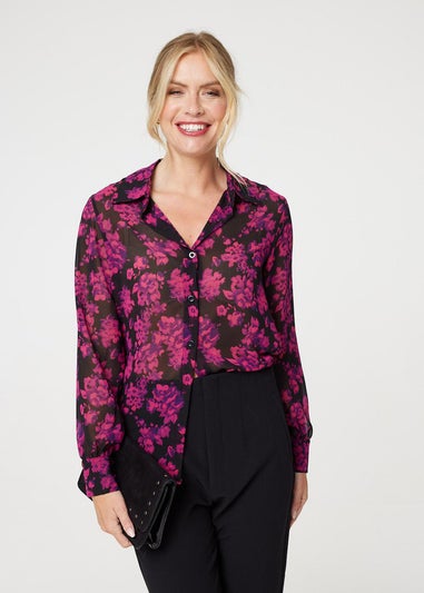 Izabel London Red Floral Semi Sheer Long Sleeve Shirt