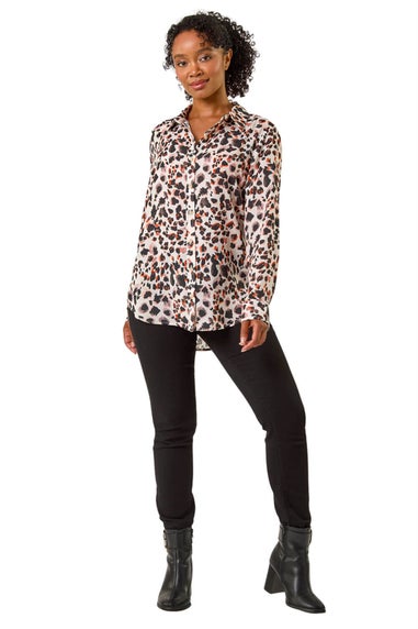 Roman Black Petite Animal Print Button Up Shirt