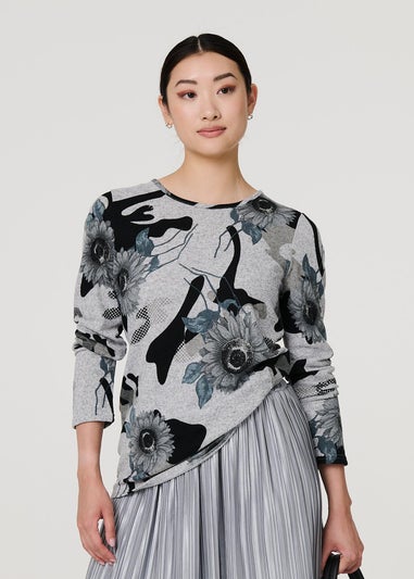 Izabel London Grey Floral Relaxed Long Sleeve Top