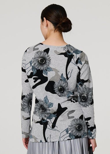 Izabel London Grey Floral Relaxed Long Sleeve Top