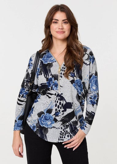 Izabel London Blue Floral Zip Front V-Neck Sweatshirt