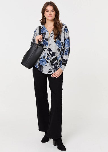 Izabel London Blue Floral Zip Front V-Neck Sweatshirt