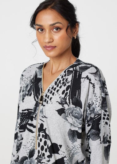 Izabel London Grey Floral Zip Front V-Neck Sweatshirt