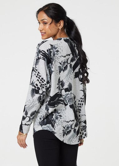 Izabel London Grey Floral Zip Front V-Neck Sweatshirt