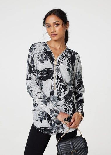 Izabel London Grey Floral Zip Front V-Neck Sweatshirt