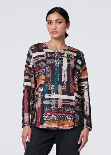 Izabel London Brown Brushstroke Print Curved Hem Top