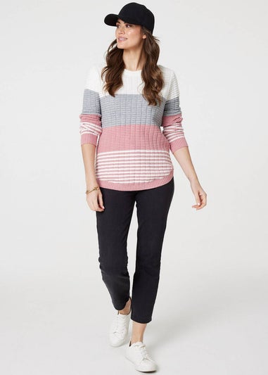 Izabel London Pink Colour Block Textured Curve Hem Jumper