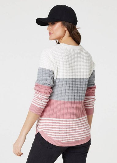 Izabel London Pink Colour Block Textured Curve Hem Jumper