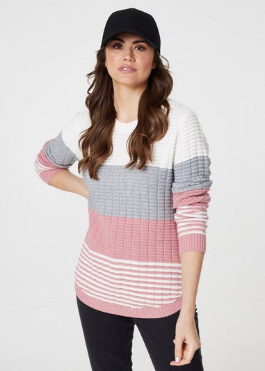 Izabel London Pink Colour Block Textured Curve Hem Jumper