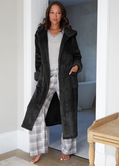 Threadbare Black Arnie Soft Faux Fur Trim Dressing Gown