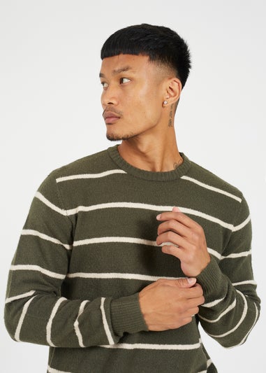 Brave Soul Dark Green Crew Neck Striped Textured Knit Jumper