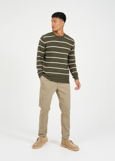 Brave Soul Dark Green Crew Neck Striped Textured Knit Jumper