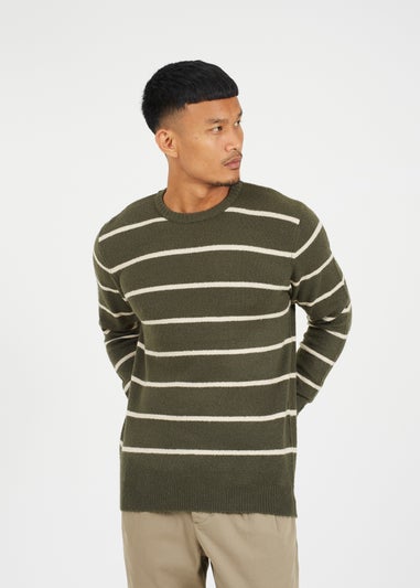 Brave Soul Dark Green Crew Neck Striped Textured Knit Jumper