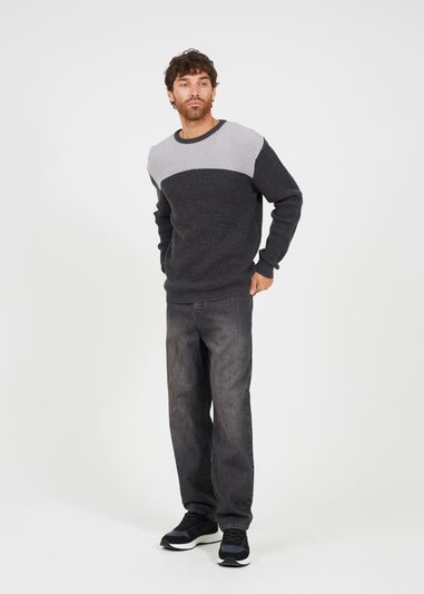 Brave Soul Charcoal Crew Neck Knit Jumper with Contrast Panel