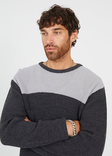 Brave Soul Charcoal Crew Neck Knit Jumper with Contrast Panel