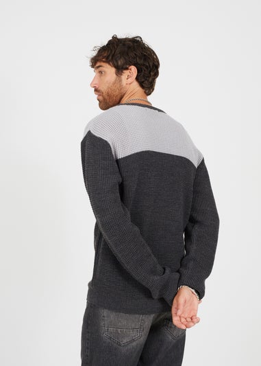 Brave Soul Charcoal Crew Neck Knit Jumper with Contrast Panel