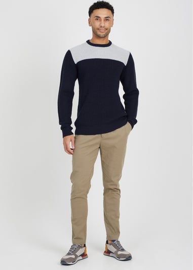 Brave Soul Navy Crew Neck Knit Jumper with Contrast Panel