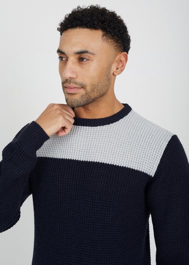 Brave Soul Navy Crew Neck Knit Jumper with Contrast Panel