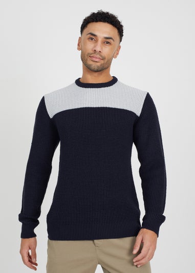 Brave Soul Navy Crew Neck Knit Jumper with Contrast Panel