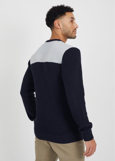 Brave Soul Navy Crew Neck Knit Jumper with Contrast Panel