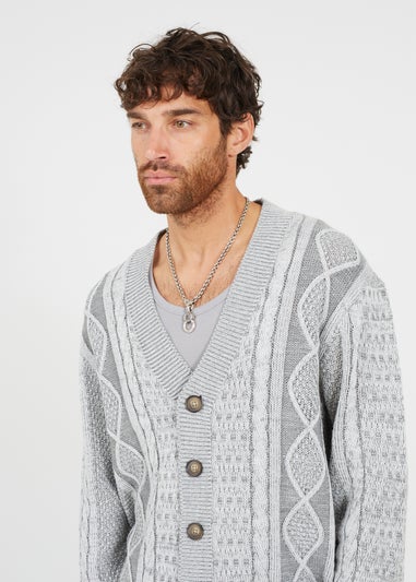 Brave Soul Grey Button Through Oversized Cable Knit Cardigan