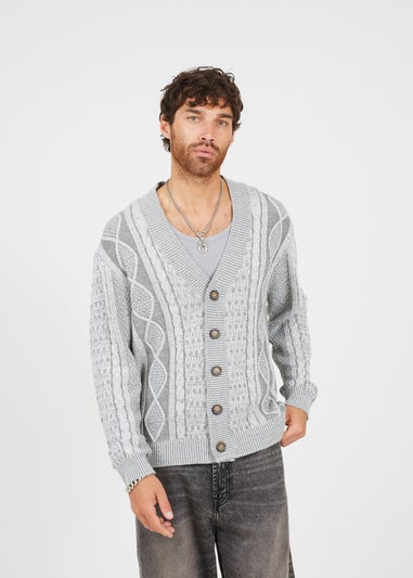 Brave Soul Grey Button Through Oversized Cable Knit Cardigan