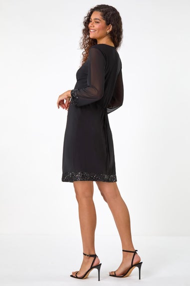 Roman Black Contrast Sequin Cuff Dress