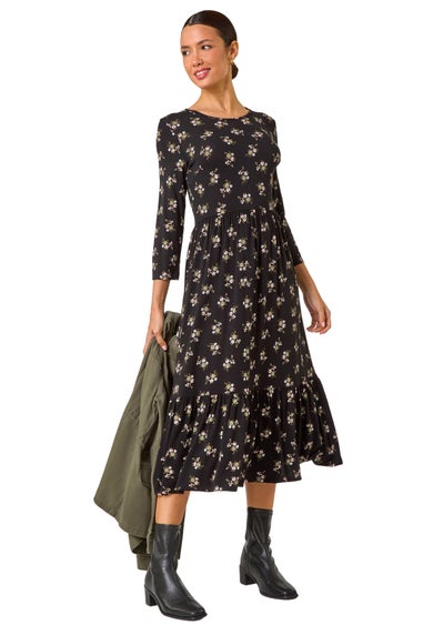 Roman Black Floral Print Frill Hem Stretch Midi Dress